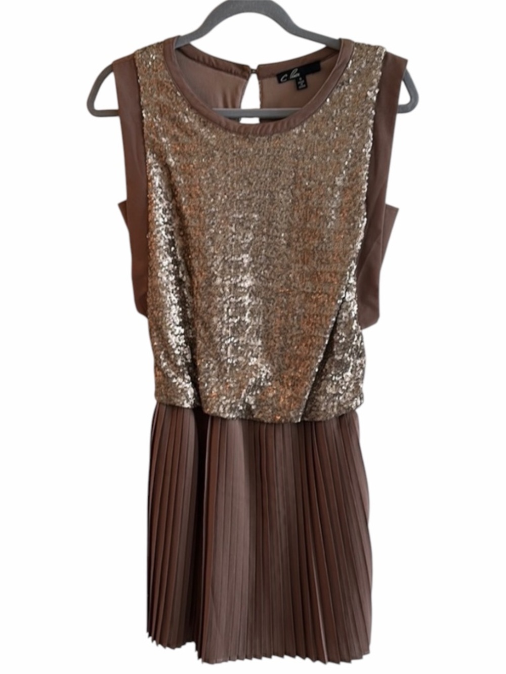 Sequin Pleated Skirt Dress Gold and Tan Evening Prom Formal